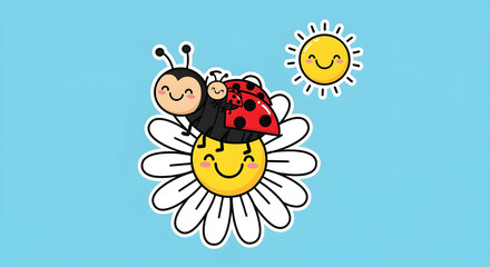 Cute cartoon ladybug family with a daisy and a happy sun, depicting a cheerful summer day
