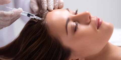 Doctor using syringe to inject womans scalp for hair growth. Regenerative medicine in cosmetology for hair loss treatment. Beauty and healthcare concept.