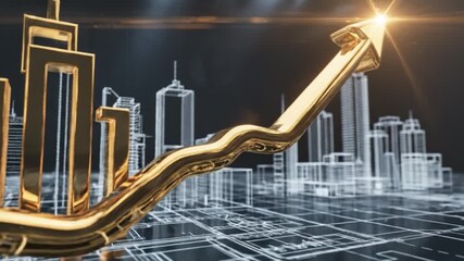 Golden upward arrow signifies growth and success in modern cityscape, showcasing financial development and investment through sleek design and vibrant colors that inspire optimism and achievement