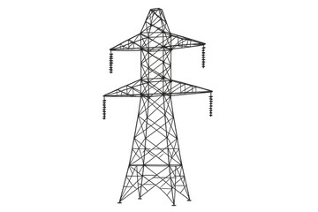 Electricity pylon carrying high voltage power lines, part of a distribution grid, isolated on transparent background
