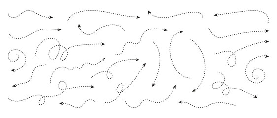 Curved dotted line arrow set. Rise and fall change plan. Whimsical hand-drawn direction lines set with swirls and loops for navigation, infographic design. 