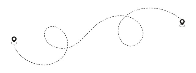 Route dotted line location icon. Two pin sign and dotted line road, start and end journey symbol. Dot line path route travel vector with location map. 