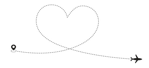Airplane flying heart route. Romantic travel, heart dashed line trace and plane routes. Airplane flying with heart shaped trail plane symbol with dotted line route. Love travel concept. 