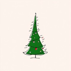 Obraz premium Cute Simple Hand-Drawn Christmas Tree Illustration with Messy Colorful Lights and Ornaments: Minimalist Childlike Doodle Art for Holiday Design