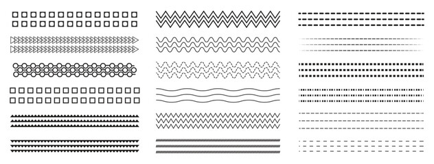 Simple geometric line set. Set of borders minimal decorative dividers and border patterns with dashed zigzag wavy, rectangle and diamond shapes for border and page decoration linear.   