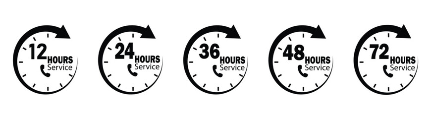Hour timer icon set. Set of 12, 24, 36,48 and 72 hour clocks with arrows. Security protection, work time, delivery and service time. 