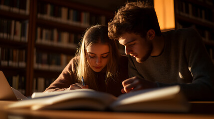 Two students collaborating in the library, the warm ambient light illuminating their books and focused expressions. A shared quest for knowledge and academic success.