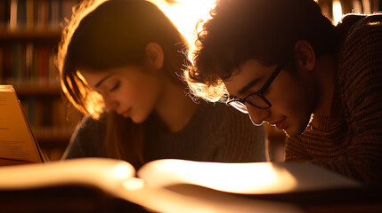 Two students engrossed in books amidst the soft glow of a library, bathed in warm, golden light, focused on their studies, fostering knowledge and collaboration.