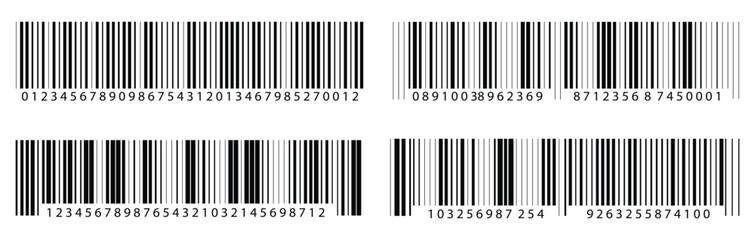 Simple fake bar code icon set. Universal product code for scanning price, sale, purchase, and identification. Barcode vector.