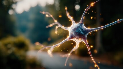 Vibrant neuron firing with electrical impulses, representing thought, learning, and consciousness in a visually stunning, abstract scientific depiction.