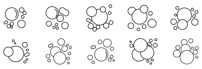 Bubbles line icons set. Soap foam, fizzy drink, oxygen bubble, effervescent effect, bath suds. Black outline design. Abstract illustration.
