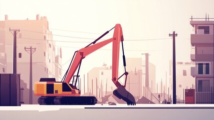 Excavator digging ground at a construction site in urban area, with buildings in background. Use for infrastructure
