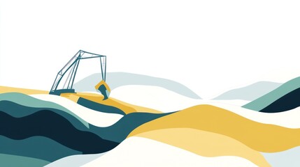 Excavator on a layered land, hills background, for construction, industrial, mining, or earthwork projects