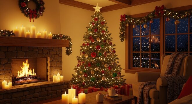 Christmas tree and fireplace in a cozy room with holiday decorations
