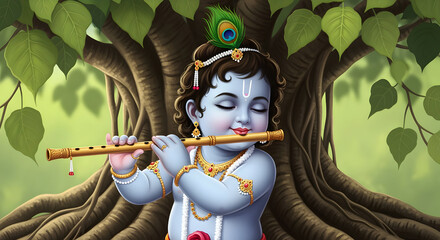 Little Lord Krishna Playing Flute Under Sacred Tree - Bal Gopal Artwork