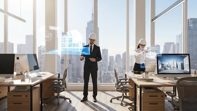 Modern office augmented reality engineering design collaboration cityscape view architectural project - Powered by Adobe
