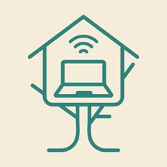 Minimal Digital Nomad Treehouse Vector Icon with Laptop and WiFi Symbol.eps