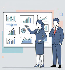 Stylized flat design illustration of a businesswoman writing financial graphs on a whiteboard, with a colleague observing