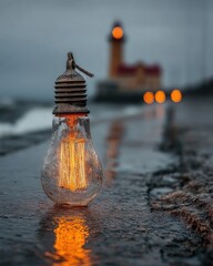 Moody Coastal Concept: Illuminated Edison Light Bulb on Wet Concrete with Rainy Texture and Distant Lighthouse at Twilight, Idea and Inspiration Metaphor