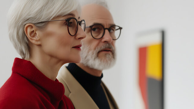 An elderly couple, chic in style and grace, stands side-by-side in thoughtful observation at an art exhibit, their attention captivated by the vibrant artwork on display.