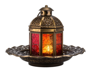 Ornate bronze lantern with stained glass panels, resting on a decorative plate