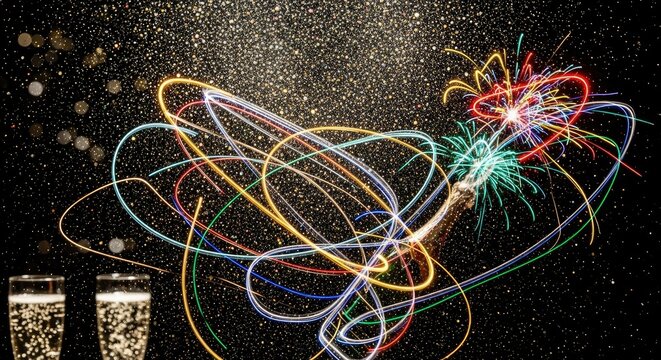 Champagne glasses with fireworks and light trails on a dark background