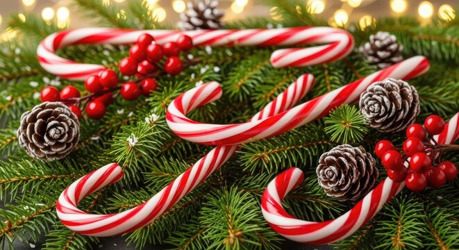 Christmas candy canes with pine cones and berries on evergreen branches