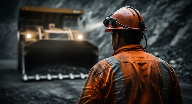 Dedicated miner in safety gear watches a massive haul truck operate in a dramatic underground mine setting, highlighting industrial strength and hard work.