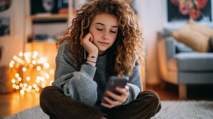 Engrossed in the Digital World: A teenage girl, immersed in her smartphone, navigates the digital realm with a thoughtful expression, surrounded by the cozy ambiance of her room. - Powered by Adobe