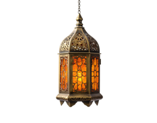 Ornate, golden hanging lantern with intricate details and warm, glowing light