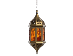 Hanging, ornate lantern with amber glass panels. Metalwork is detailed, suspended by a chain