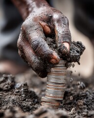 Gritty Close-up: Dirty Hand of a Hardworking Farmer or Laborer Piling Coins into Soil, Concept of Earning, Growth, Poverty or Sustainable Investment
