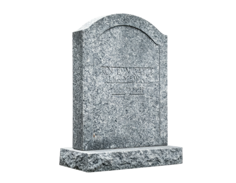 Stone memorial, a granite headstone with a curved top, isolated against black