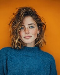 Vibrant Contrast Portrait: Smiling Woman with Blue Eyes and Freckles in Teal Knitted Sweater Against a Bright Orange Background, Authentic Lifestyle Headshot
