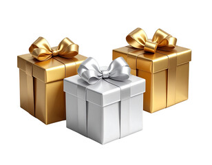  Luxury Gift Box Trio with Elegant Ribbons and Metallic Finishes, Isolated on Transparent Background PNG