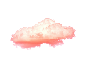 A fluffy, coral-pink cloud isolated on a stark black background, appearing soft and illuminated