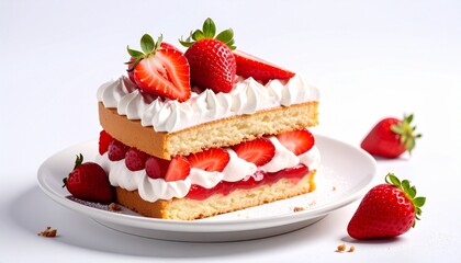 Layered strawberry shortcake slices with whipped cream and fresh strawberries on white plates, styled with a bowl of berries in the background.