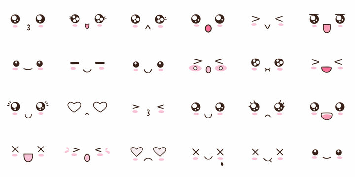 Collection of cute kawaii japanese anime style faces expressing various emotions and feelings
