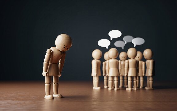 A single wooden figure is shown bowing deeply, separated from a larger group of figures with blank speech bubbles. 