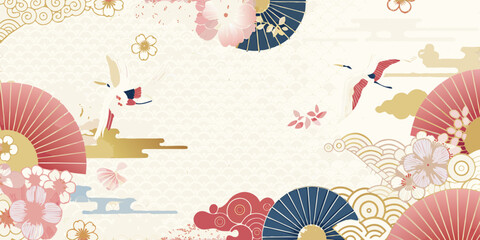 Elegant japanese inspired background with cranes cherry blossoms and traditional fans
