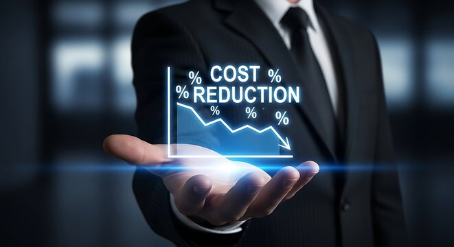 Professional businessman showcases stunning cost reduction graph demonstrating successful financial efficiency and profit growth strategy