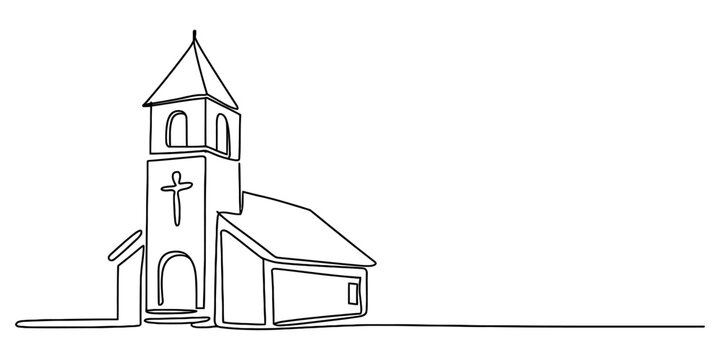 Continuous single line art drawing of a minimalist modern church building with steeple and cross, symbolizing faith, spirituality, and community, isolated vector illustration.