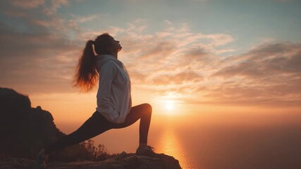 Serenity in Sunrise: A woman practices yoga on a cliff edge, illuminated by the warm hues of a sunrise, embodying a sense of peace and tranquility amidst nature's grandeur.