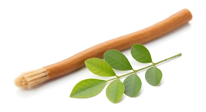 Discover natural oral hygiene with a miswak stick and fresh green leaves, symbolizing purity and organic wellness for a healthy smile.