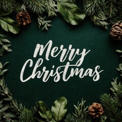 Lush Dark Green Christmas Background: Hand-Lettered "Merry Christmas" Text Surrounded by Pine Needles, Leaves, and Pine Cones, Holiday Flat Lay with Copy Space