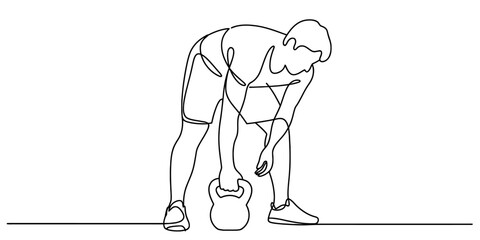 A single continuous line drawing of a man bending down to lift or hold a kettlebell, representing strength training, fitness, exercise, and active lifestyle.