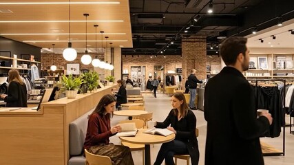 Modern retail store experience man using digital kiosk woman drinking coffee reading inside contemporary cafe setting
