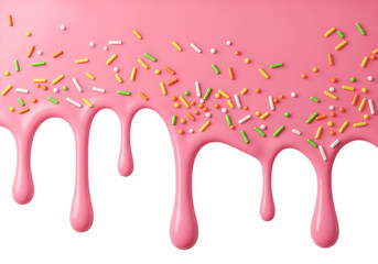 Pink icing with sprinkles dripping down isolated on transparent background