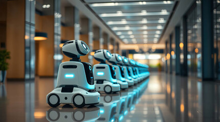 Autonomous cleaning robots lined up in a corporate lobby