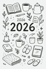 Simple Joys 2026 – Hand Drawn Cozy Vector Set of Reading, Coffee, and Journaling